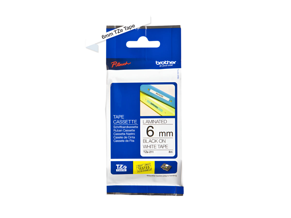 Brother P-touch 6mm TZ-211 Laminated Tape, 8 m, Black on White
