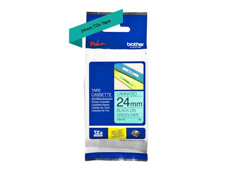 Brother P-touch 24mm TZ-751 Laminated Tape, 8 m, Black on Green
