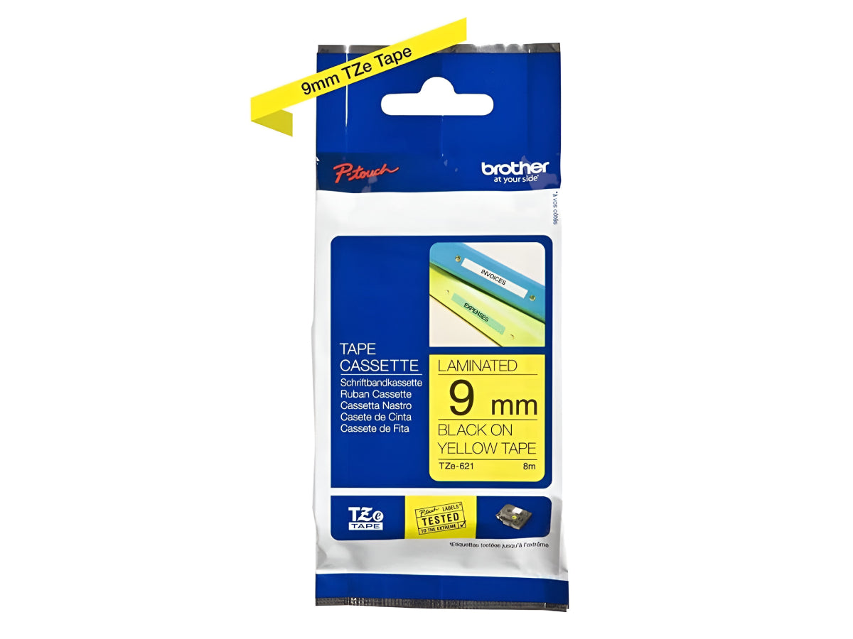 Brother P-touch 9mm TZe-621 Laminated Tape, 8 m, Black on Yellow