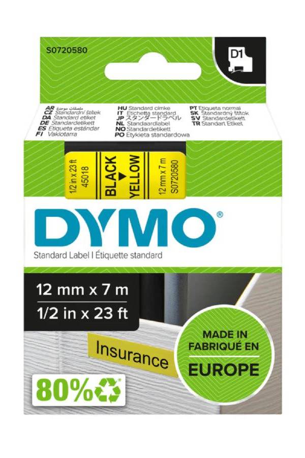 Dymo 45018, D1 Tape,12mm x 7m, Black on Yellow