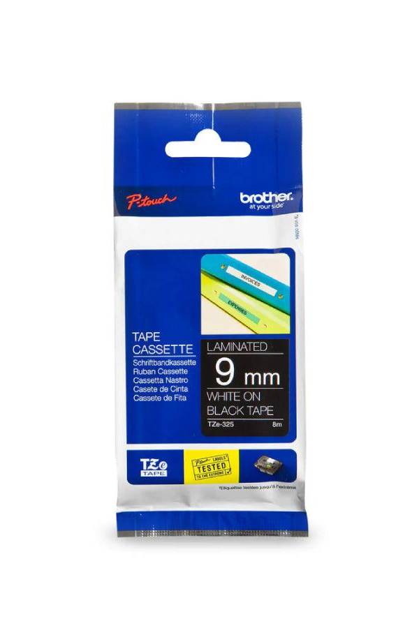 Brother P-touch 9mm TZ-325 Laminated Tape, 8 m, White on Black