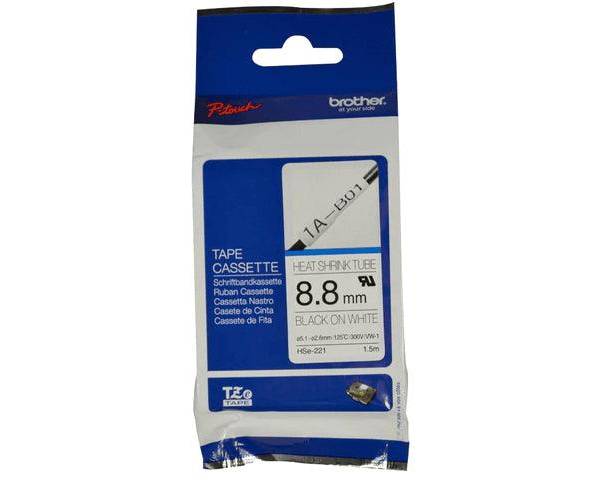 Brother P-touch 8.8mm HSe-221 Heat Shrink Tube, 1.5m, Black on White