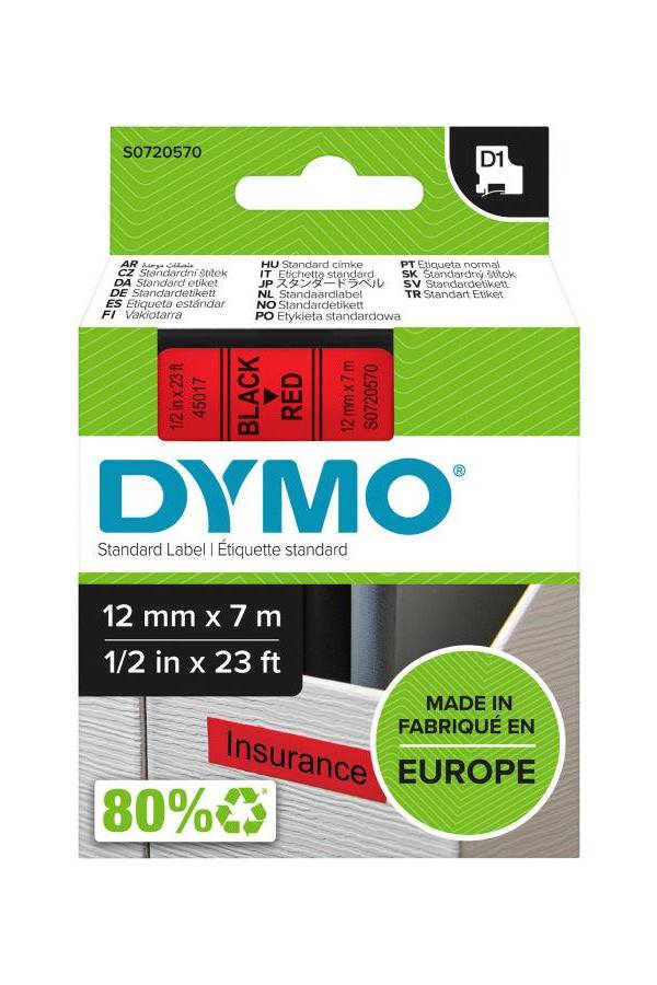 Dymo 45017, D1 Tape,12mm x 7m, Black on Red