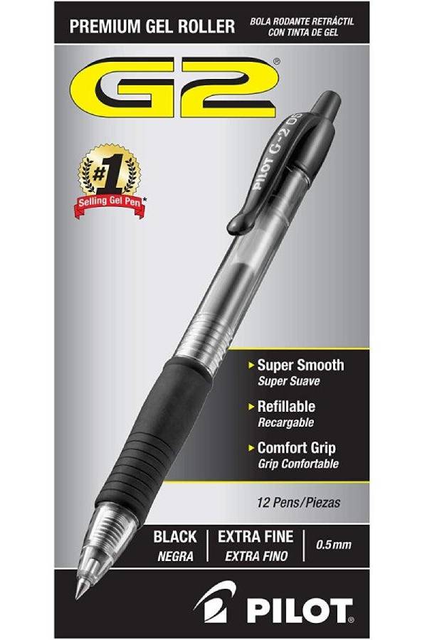 Pilot G2 Retractable Gel Roller Ball Pen, 0.5mm, Extra Fine Point, Black (Pack of 12)