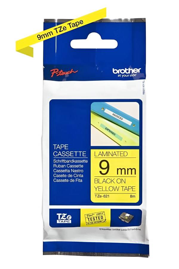 Brother P-touch 9mm TZe-621 Laminated Tape, 8 m, Black on Yellow