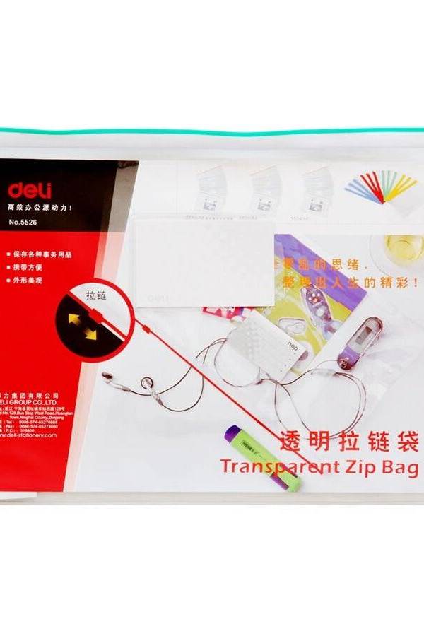 Deli 5526 Transparent Zip Bag A4 size, Assorted Colors, 12pcs-pack