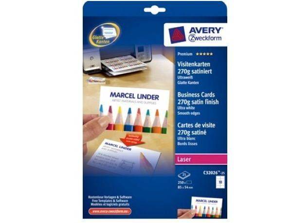 Avery Business Cards for Laser, Double Sided Satin, 54 x 85 mm, 270gsm, 100labels-pack